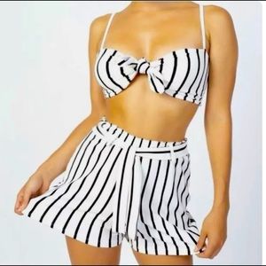 Stripe 2 Piece Shorts Tie Front Crop Top Set new